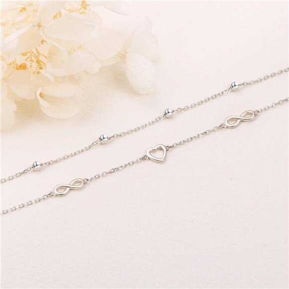 Sterling Silver Heart Infinity Anklet Adjustable Layered Beach Jewelry Women - Picture 4 of 8